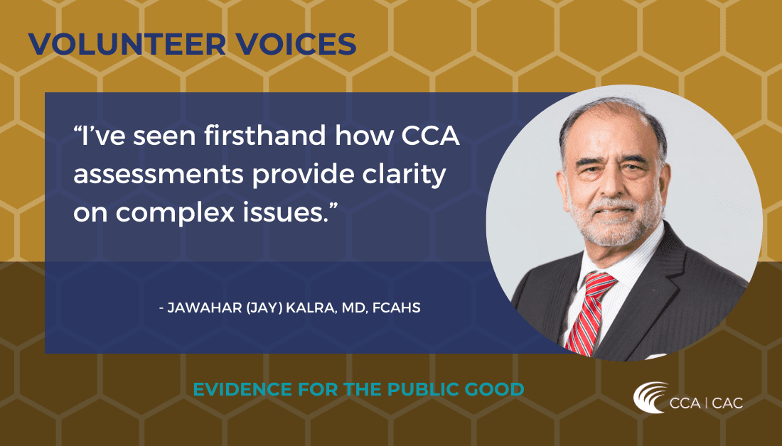 Photo of Jawahar (Jay) Kalra, with a quote from the article Volunteer Voices: "I've seen firsthand how CCA assessments provide clarity on complex issues."
